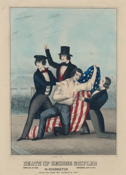 John L. Magee, Death of George Shifler in Kensington. Hand-colored lithograph, Philadelphia, [1844?]. Library Company Digital Collections.