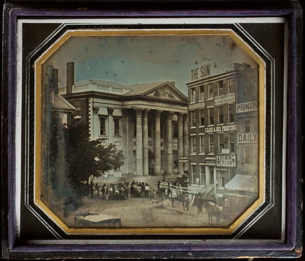 W. & F. Langenheim, "North-east corner of Third & Dock Street. Girard Bank, at the time the latter was occupied by the military during the riots." Daguerreotype, May 9, 1844. Library Company Digital Collections.