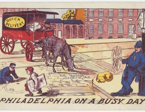 Depicts a "Quick Delivery" truck standing in the middle of the street, the driver napping and the horse eating grass from the street. A cop leans on a lamppost and twirls his nightstick. Children play marbles in the street, and a dog sleeps. The building in the background resembles Independence Hall.