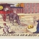 Depicts a "Quick Delivery" truck standing in the middle of the street, the driver napping and the horse eating grass from the street. A cop leans on a lamppost and twirls his nightstick. Children play marbles in the street, and a dog sleeps. The building in the background resembles Independence Hall.