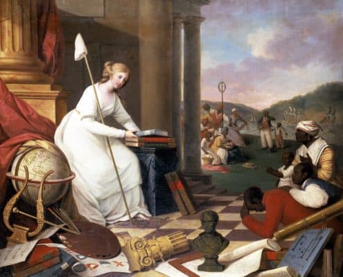 18th-century painting of seated white woman allegorical figure Liberty with books facing kneeling Black men, children, and woman.