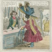 19th-century hand colored print of Black woman in large hat speaking with white man store clerk while second Black woman stands outside door.