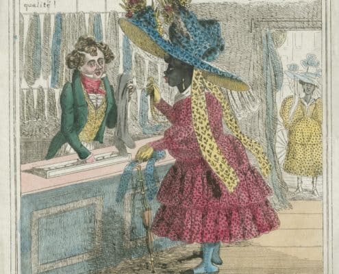 19th-century hand colored print of Black woman in large hat speaking with white man store clerk while second Black woman stands outside door.