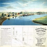 Advertising print. Docked and gliding boats on body of water near buildings and trees, advertising text, and a map.