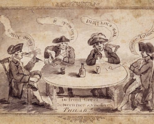 Ink and wash drawing depicting four men smoking with dialogue: "Choice Tobacco," "Yes Excellent," "Who Made It," "Isaac Jones." [Isaac Jones, Tobacconist] (Philadelphia, ca. 1780). Ink and wash drawing.