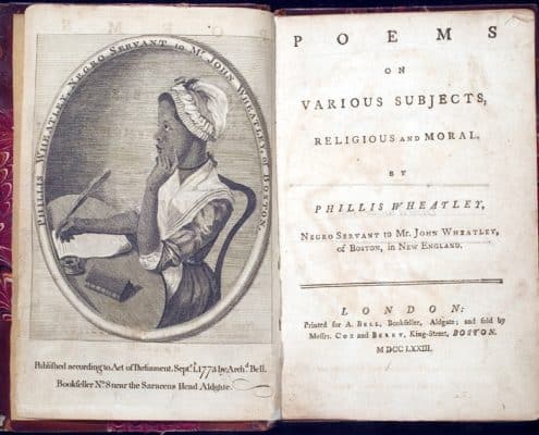 Phillis Wheatley at her desk, one hand under her chin, the other with poised quill.