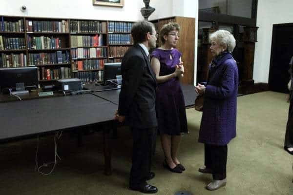Louise Beardwood talking to Sarah Weatherwax and William Bucher at Library Company event, ca. 2010.