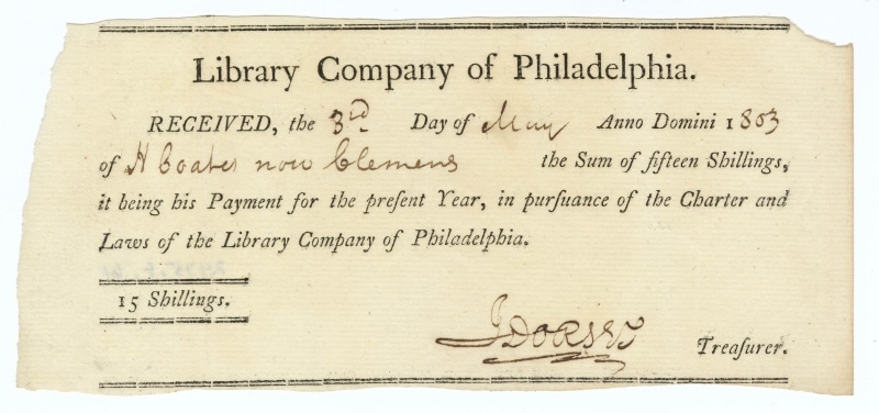 Photograph of 1803 receipt for annual dues payment of H Coates now Clemens