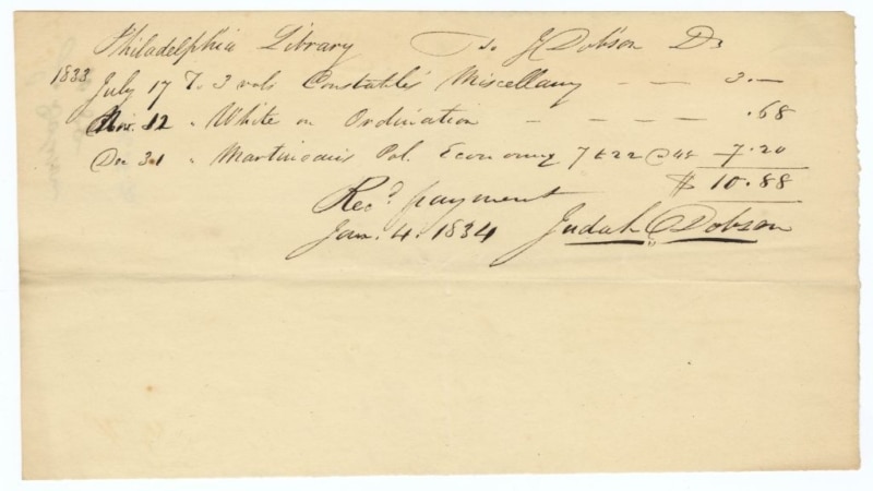 Photograph showing order from Library Company institutional archives to pay Susanna's husband Judah for books