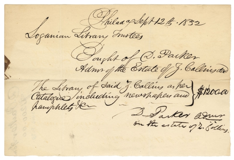 Photograph of 1832 receipt for purchasing books from estate of Zaccheus Collins