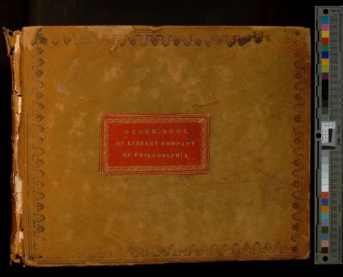 Photograph of cover of book with label Order Book of Library Company of Philadelphia