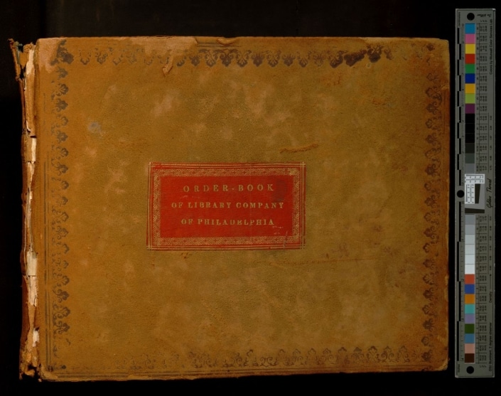 Photograph of cover of book with label Order Book of Library Company of Philadelphia