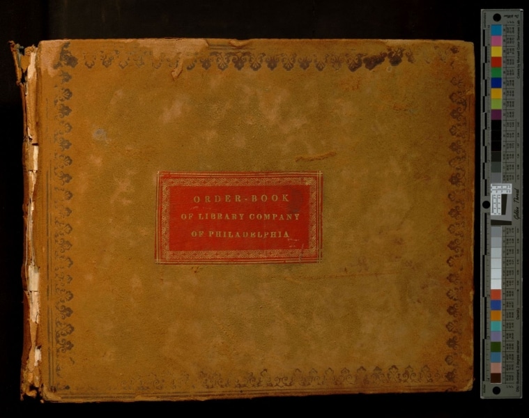 Photograph of cover of book with label Order Book of Library Company of Philadelphia