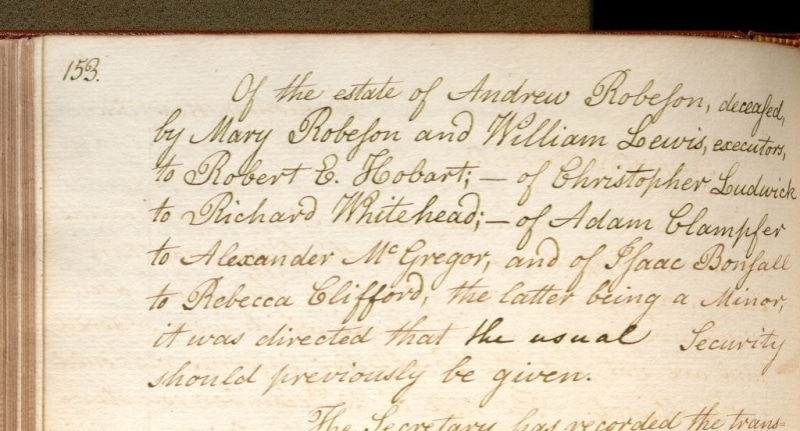 Photograph of page in minute book with text about Rebecca Clifford being a minor