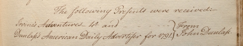 Photograph of text from minute book listing John Dunlap's gifts