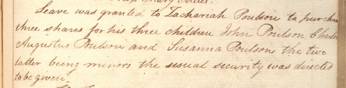 Photograph of May 8, 1806 minutes showing Zachariah Poulson given leave to purchase three shares for his children