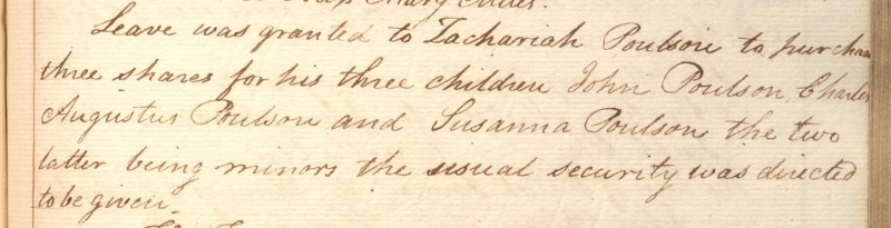 Photograph of May 8, 1806 minutes showing Zachariah Poulson given leave to purchase three shares for his children