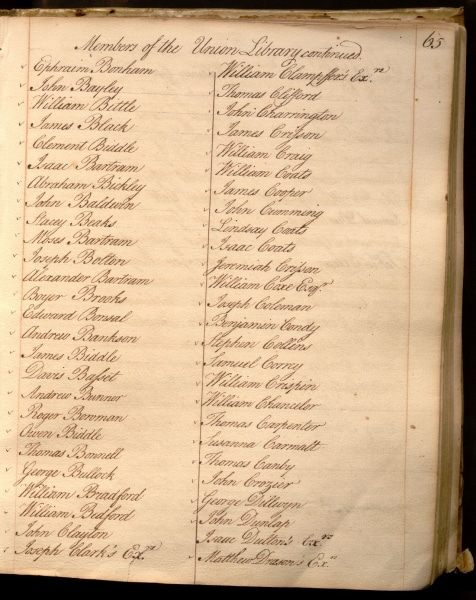 Photograph of page of text with the names of the members of the Union Library Company being added as Library Company shareholders in 1769
