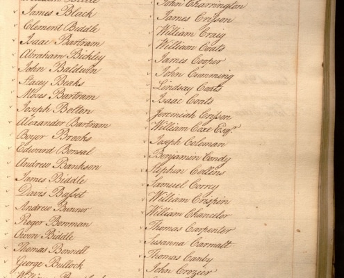 Photograph of page of text with the names of the members of the Union Library Company being added as Library Company shareholders in 1769