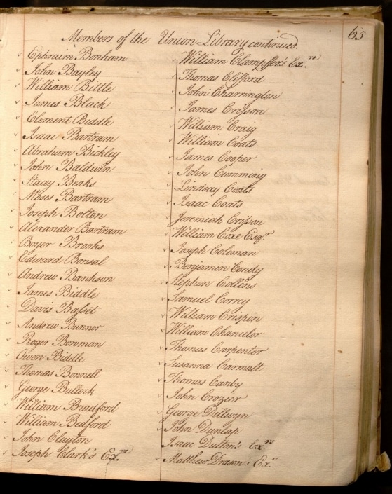 MSS00270v171-073 sm cr Photograph of page of text with the names of the members of the Union Library Company being added as Library Company shareholders in 1769