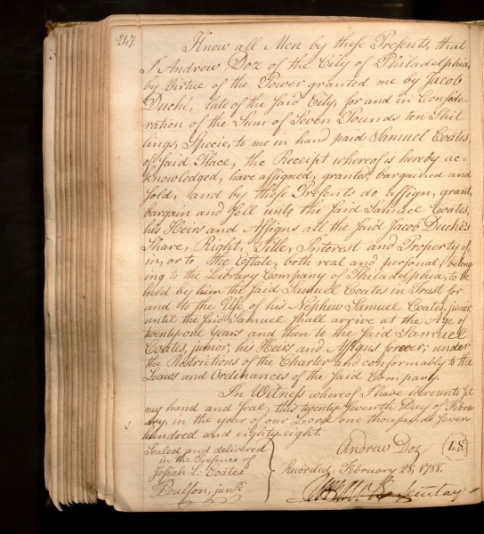 Photograph of text detailing the 1788 share transaction from Jacob Duche to Samuel Coates