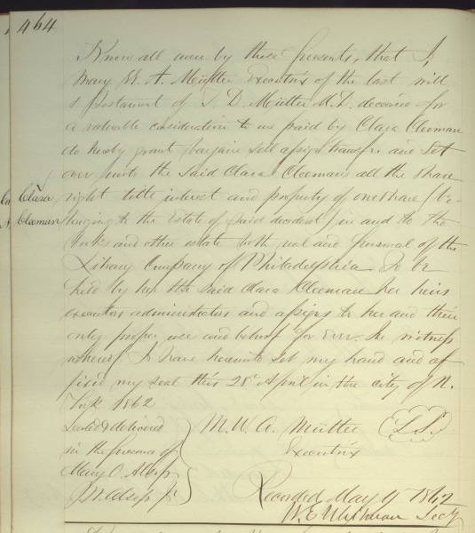 Photograph of page of text about transfer of share to Clara Cleemann