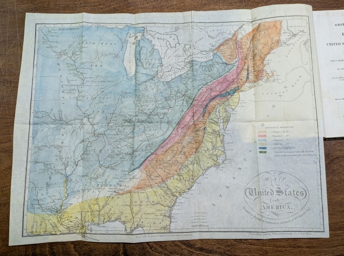 Hand-colored map of United States showing geological details