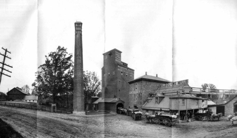 Black and white photograph of exterior of Millbourne Mills in Upper Darby showing horse-drawn wagons lined up outside