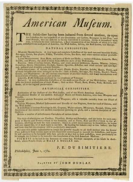 Broadside Announcing the Opening of Du Simitière’s American Museum (Philadelphia, 1782), Library Company of Philadelphia