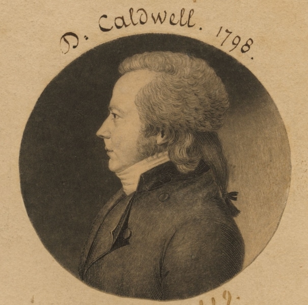 Side portrait engraving of David Caldwell with handwritten text above that says D. Caldwell, 1798.