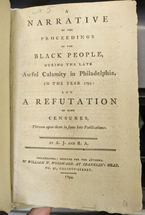 Photo of the title page of the 1793 pamphlet published by Absalom Jones and Richard Allen