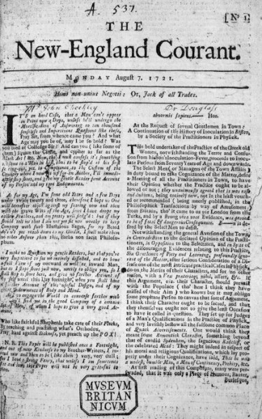 The New-England Courant. Boston: James Franklin, August 7, 1721.