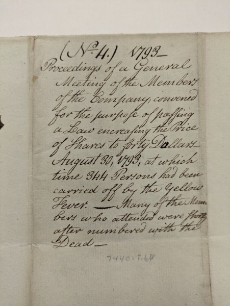 Photograph of wrapper with note about August 1793 meeting after which members died of Yellow Fever