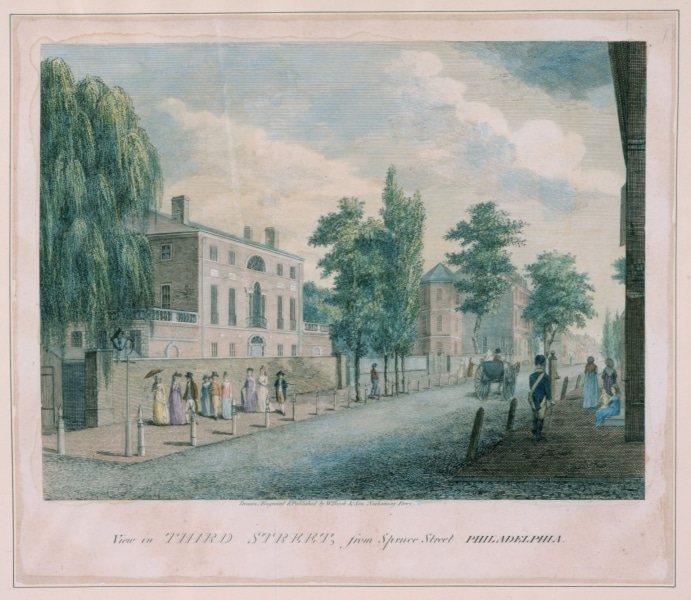Illustration of street scene on 3rd street showing large house with people walking on sidewalk in front of it