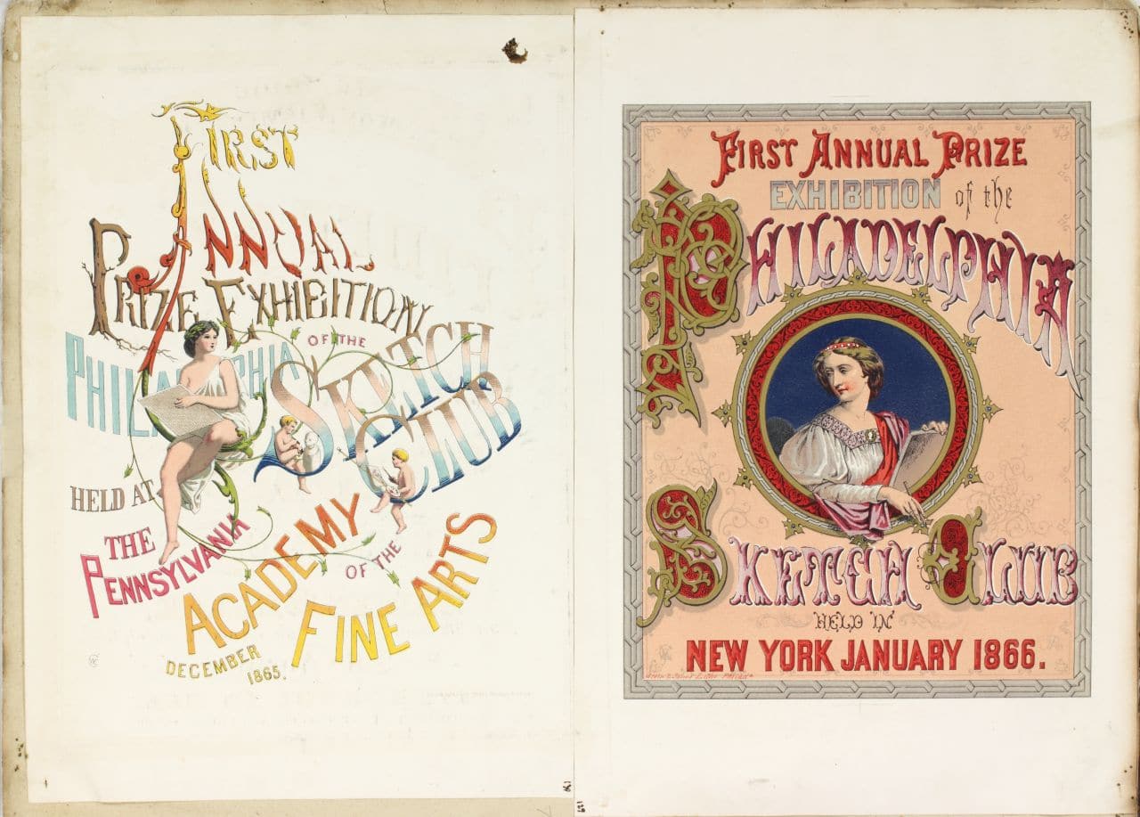 Two posters advertising the first exhibition of the Sketch Club at the Pennsylvania Academy of Fine Arts in 1865