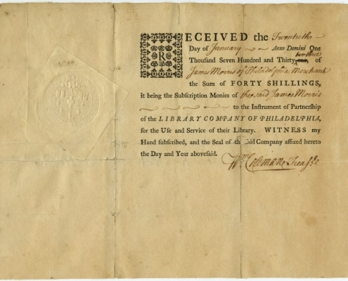 Receipt for a Library Company share dated 1733