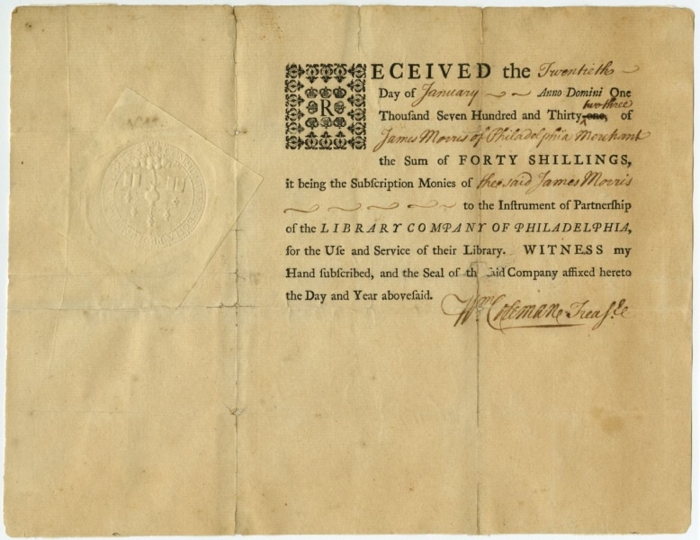 Receipt for a Library Company share dated 1733