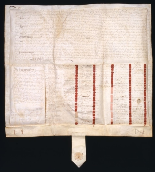 Photograph of Articles of Association on parchment with signatures