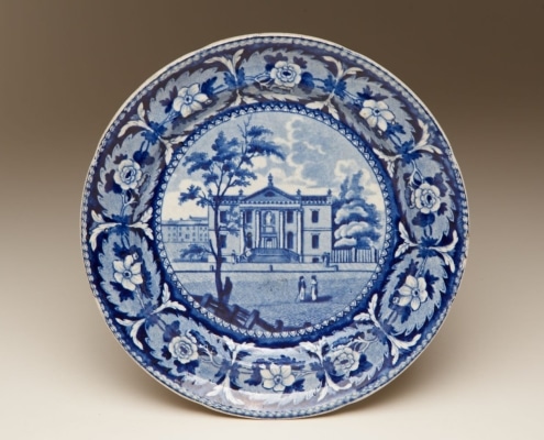 Photograph of blue and white plate depicting Library Company's Fifth Street Building