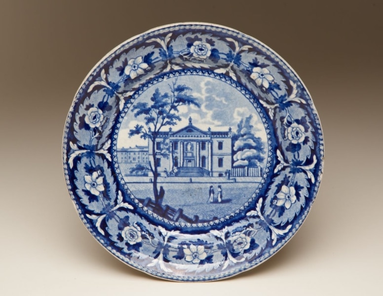 Photograph of blue and white plate depicting Library Company's Fifth Street Building