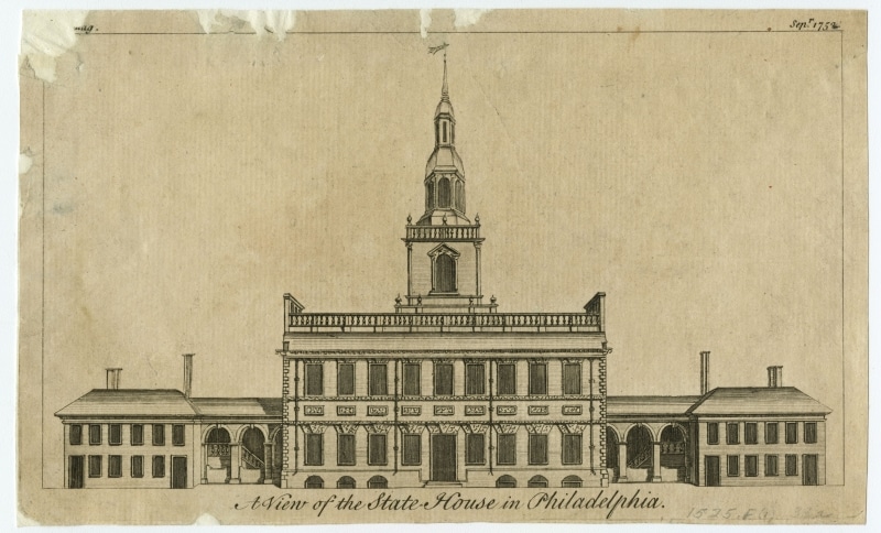 A line drawing of the facade of the State House, now known as Independence Hall