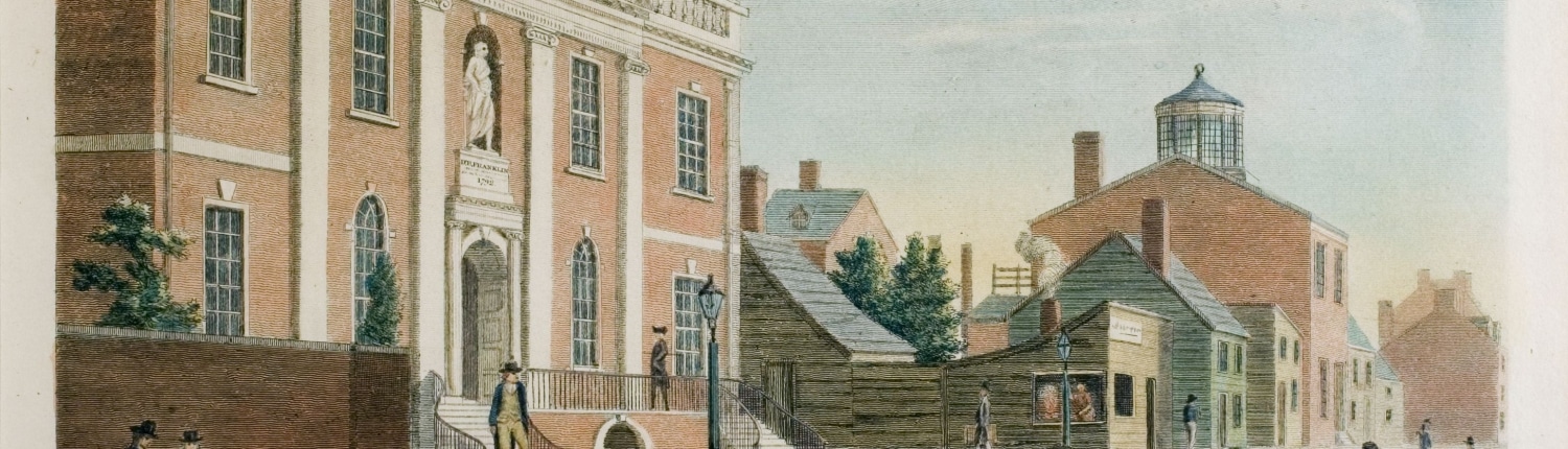 Color engraving of the Library Company of Philadelphia's 1791 building on 5th and Library Streets