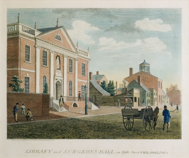 Color engraving of the Library Company of Philadelphia's 1791 building on 5th and Library Streets