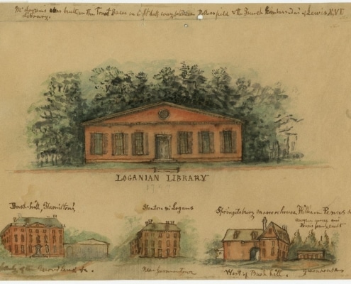 Illustration of exterior of Loganian Library with smaller inset sketches of other buildings at edge of page