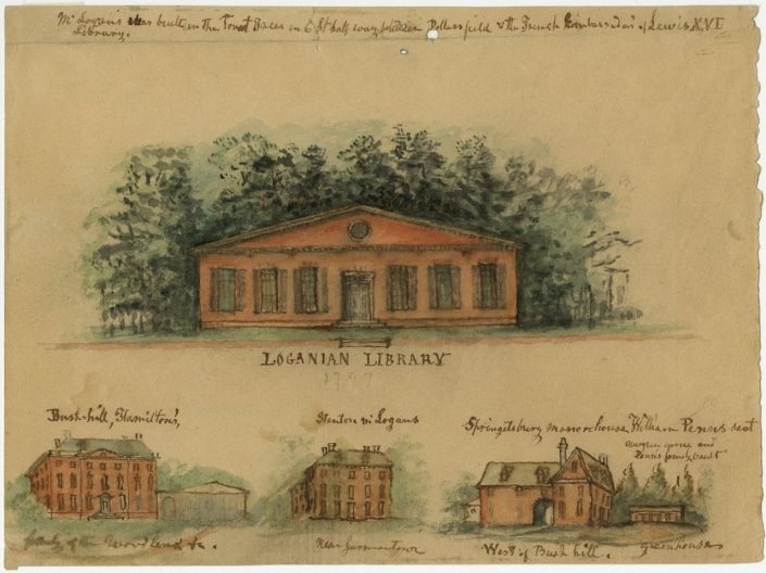 Illustration of exterior of Loganian Library with smaller inset sketches of other buildings at edge of page