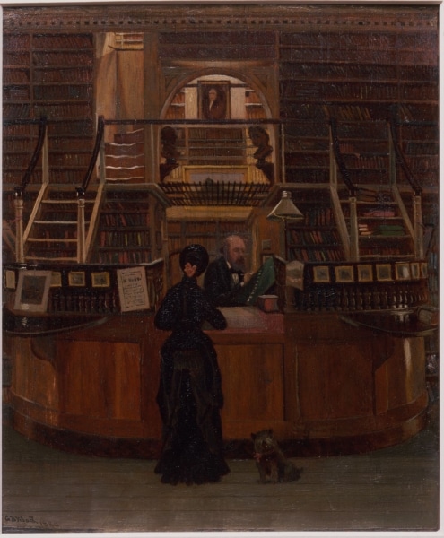 Photograph of painting of interior of Library Company with view through arch to another room