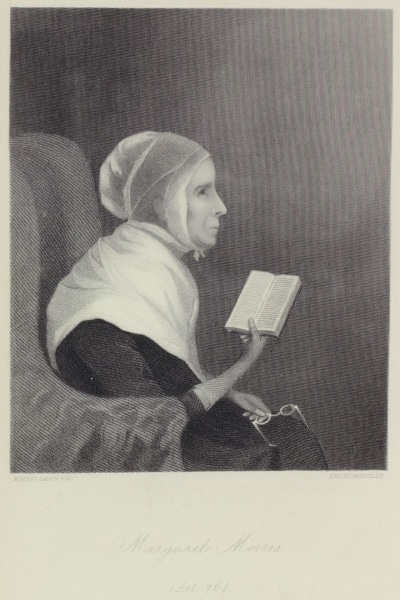 Lithograph portrait of Margaret Morris sitting in a chair holding a book