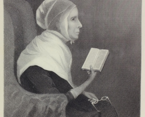 Lithograph portrait of Margaret Morris sitting in a chair holding a book