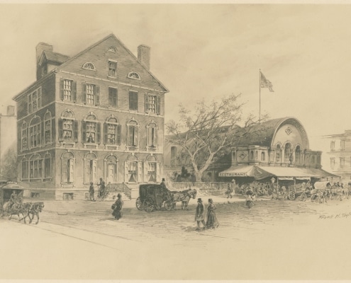 Illustration of large brick house and market next to it with pedestrians and cart out front