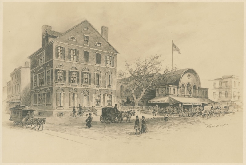 Illustration of large brick house and market next to it with pedestrians and cart out front